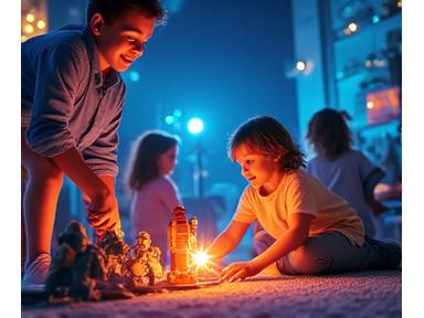 Children playing with an outer space themed play kit