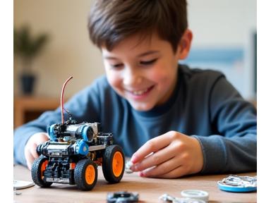 Child playing with a robotic building kit